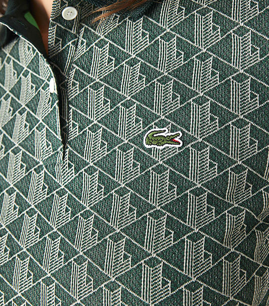 Women's Regular Fit Contrast Collar Monogram Print Polo Green/Wood Shaving