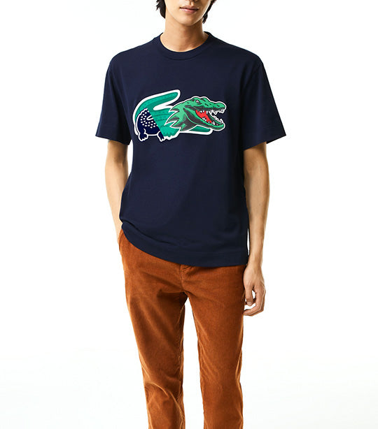 Men's Holiday Relaxed Fit Oversized Crocodile T-Shirt Navy Blue