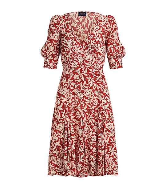Women’s Floral Mutton-Sleeve Godet Crepe Dress
