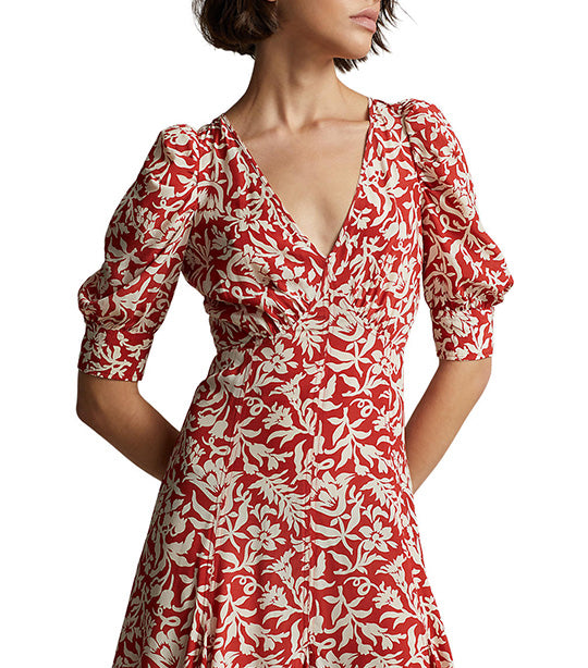 Women’s Floral Mutton-Sleeve Godet Crepe Dress