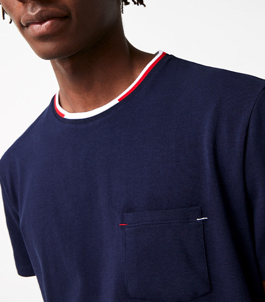 Short-Sleeve Pyjama T-Shirt With 3-Tone Round Neck Navy Blue