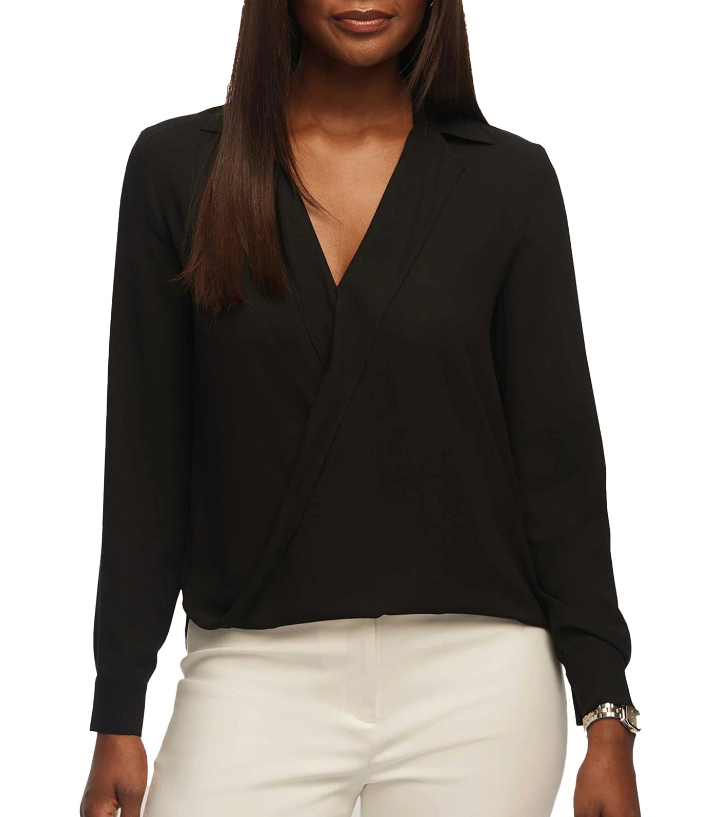 Long Sleeve Crossover Blouse with Collar Anne Black