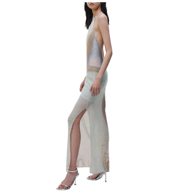 Mischa Marble Digital Mohair Halter Tie Maxi Dress Alabaster Marble Print