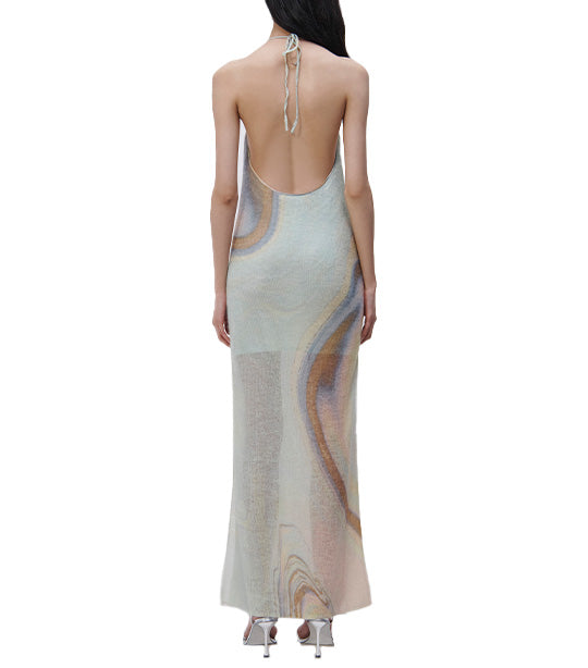 Mischa Marble Digital Mohair Halter Tie Maxi Dress Alabaster Marble Print