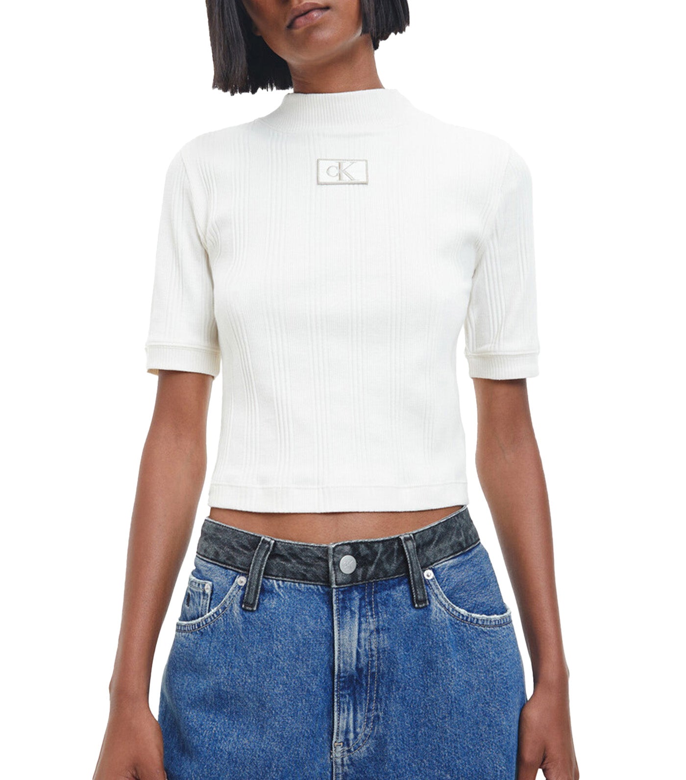 Calvin Klein Small Knit Badge Jeans Logo White Rib Top