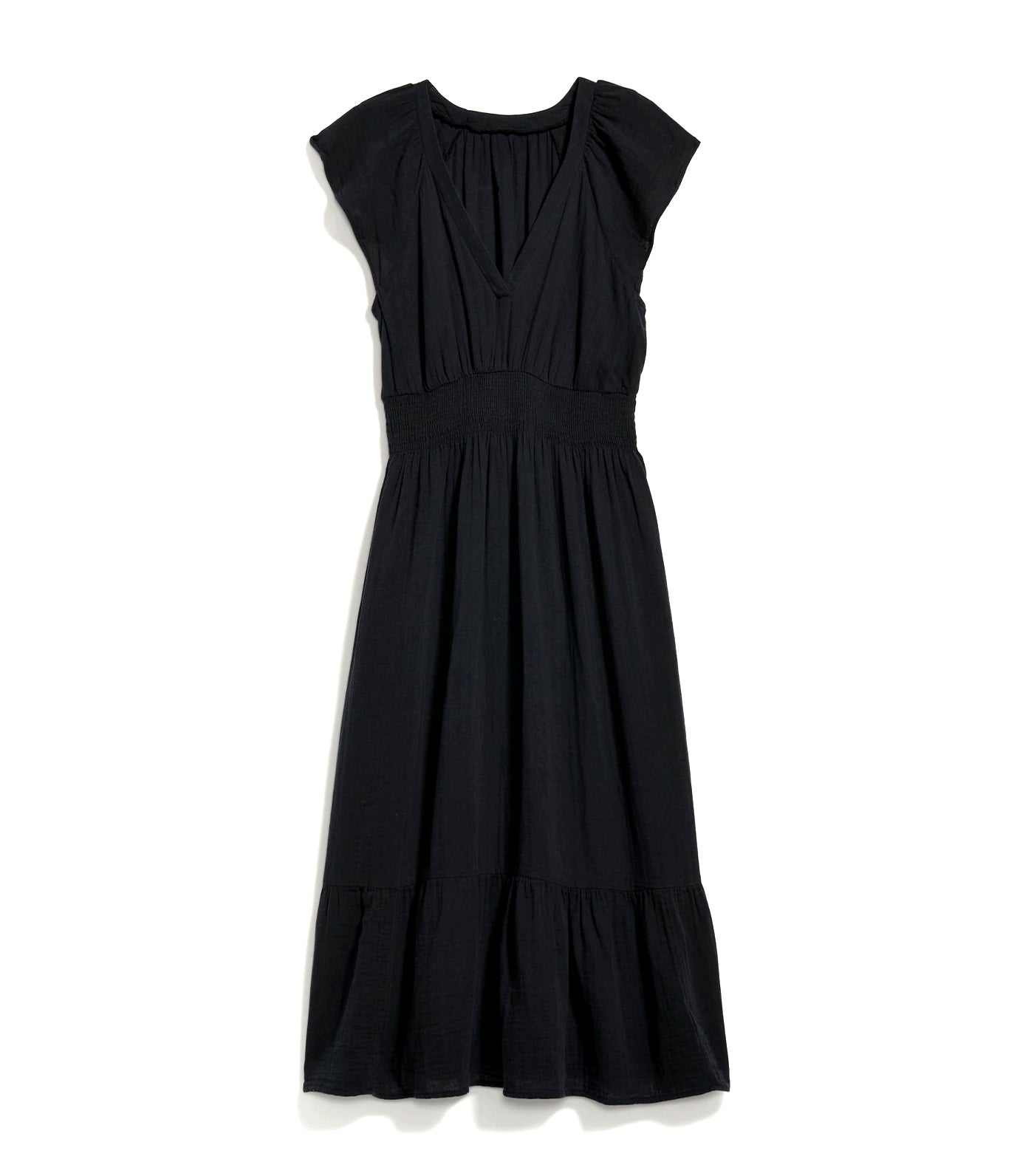 Waist-Defined Flutter-Sleeve Smocked Midi Dress for Women Black Jack