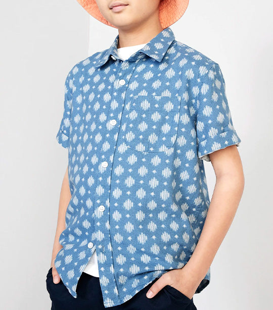 Short-Sleeve Linen-Blend Pocket Shirt for Boys - Blue Geo