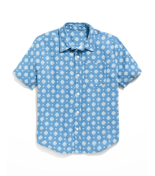 Short-Sleeve Linen-Blend Pocket Shirt for Boys - Blue Geo