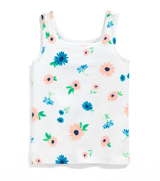 Printed Fitted Tank Top for Girls - White Retro Flower