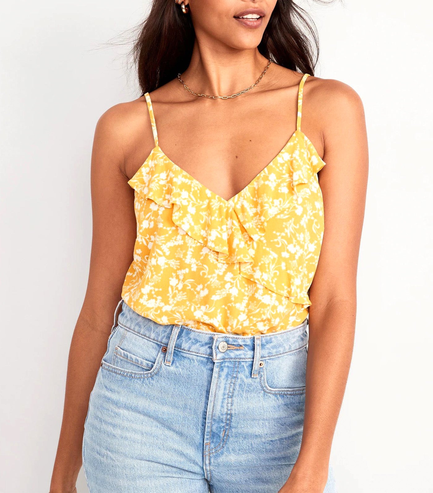 Textured Ruffled Wrap-Effect Cami Top for Women Yellow Floral