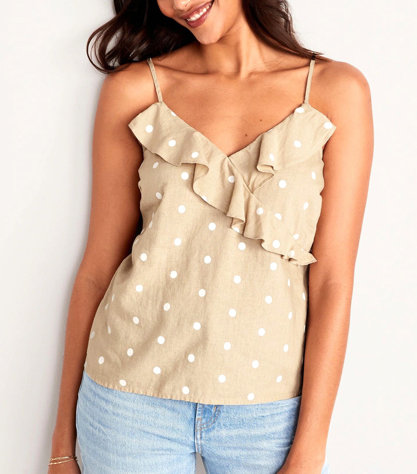 Matching Printed Ruffled Wrap-Effect Cami Blouse for Women White Dots