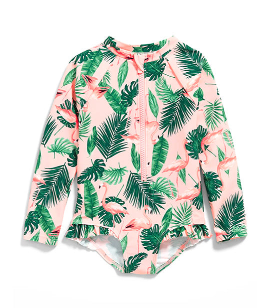 Matching Ruffle-Trim One-Piece Rashguard Swimsuit for Toddler Girls - Pink Flamingo