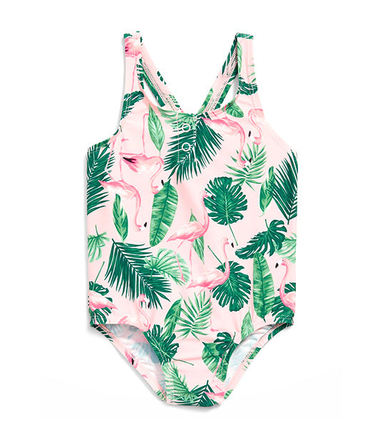 Printed One-Piece Henley Swimsuit for Toddler Girls - Pink Flamingo