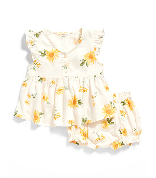 Printed Poplin Flutter-Sleeve Top & Bloomer Shorts Set for Baby - Multi Floral