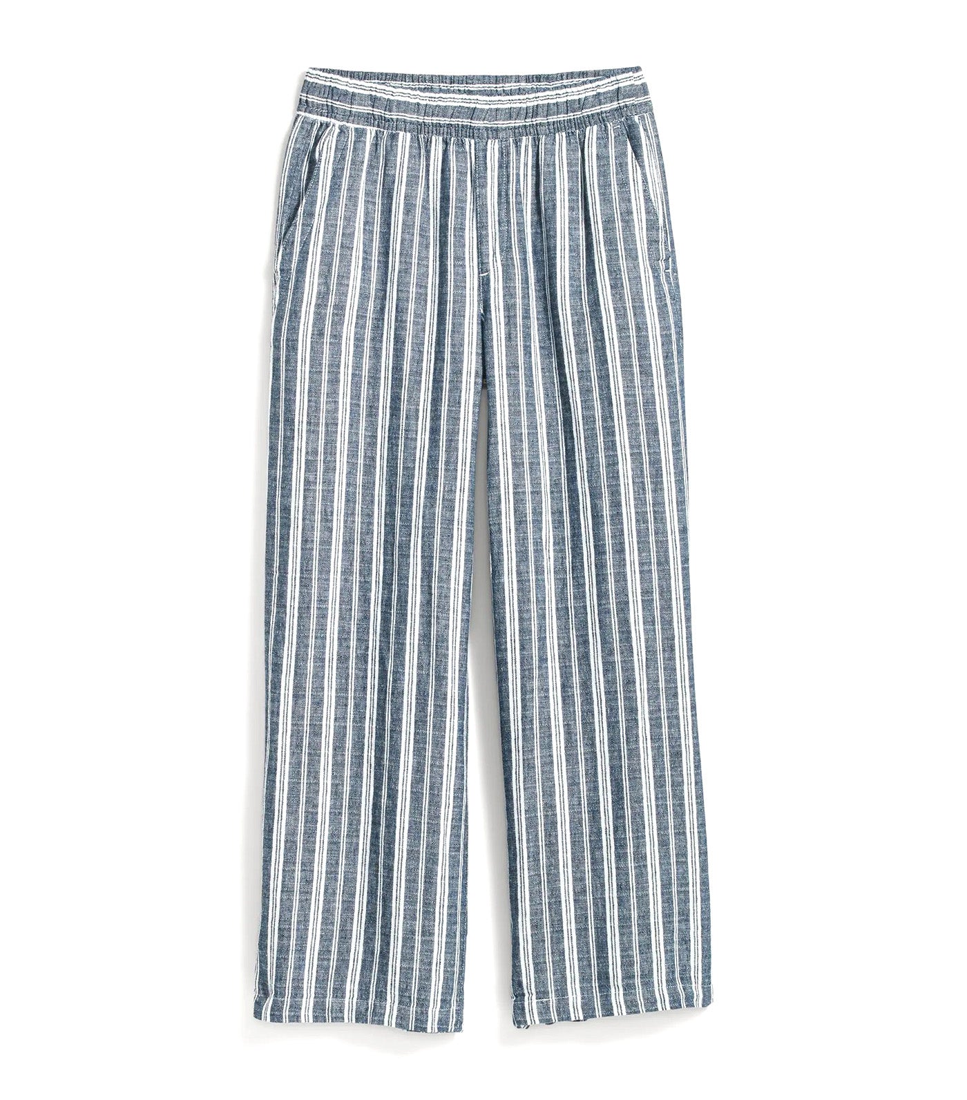 High-Waisted Striped Linen-Blend Wide-Leg Ankle Pants for Women Blue Stripe