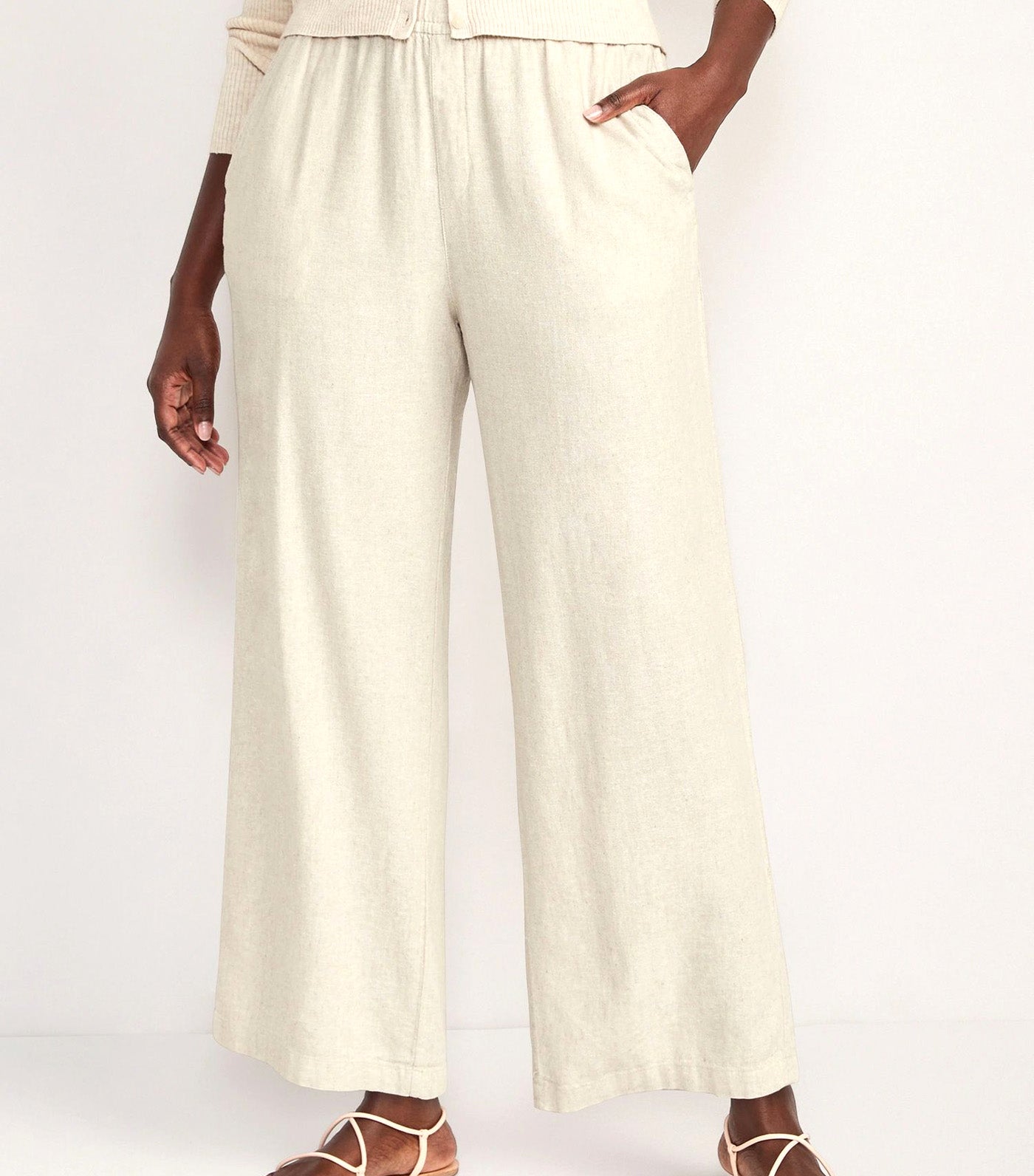 High-Waisted Linen-Blend Wide-Leg Ankle Pants for Women Flax Linen