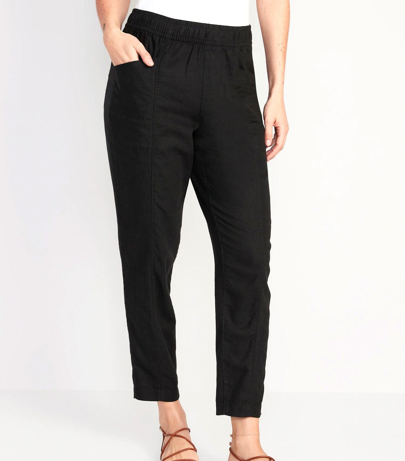 High-Waisted Cropped Linen-Blend Tapered Pants for Women Black Jack