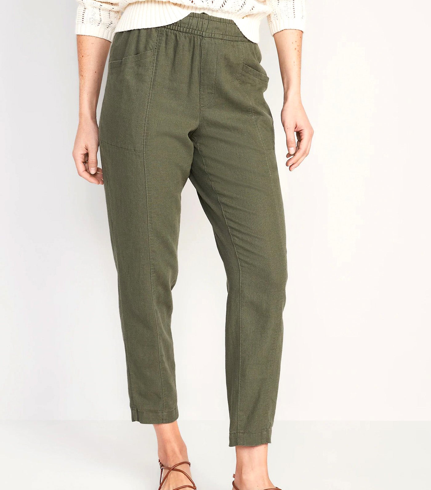 High-Waisted Cropped Linen-Blend Tapered Pants for Women Olive