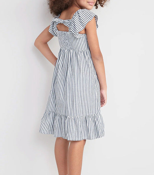 Matching Flutter-Sleeve Fit & Flare Midi Dress for Girls - Blue Stripes