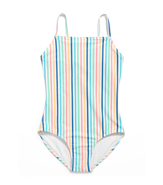 Printed Square-Neck Lattice-Back One-Piece Swimsuit for Girls - Multi Stripe