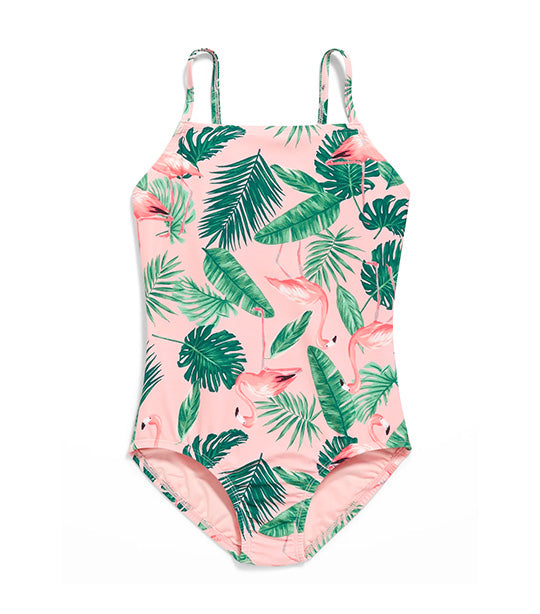 Printed Square-Neck Lattice-Back One-Piece Swimsuit for Girls - Pink Flamingo