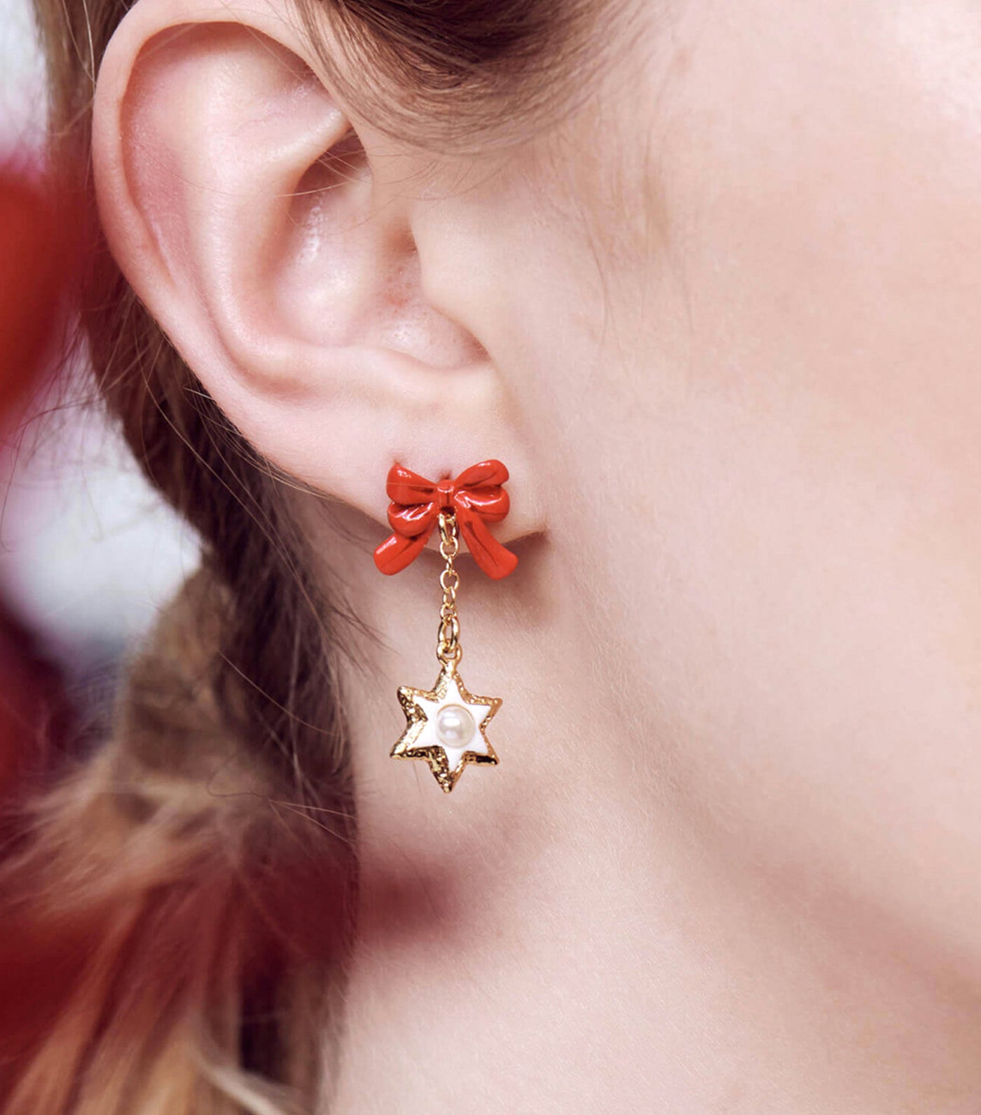 Heart And Star Biscuit Red Bow Earrings