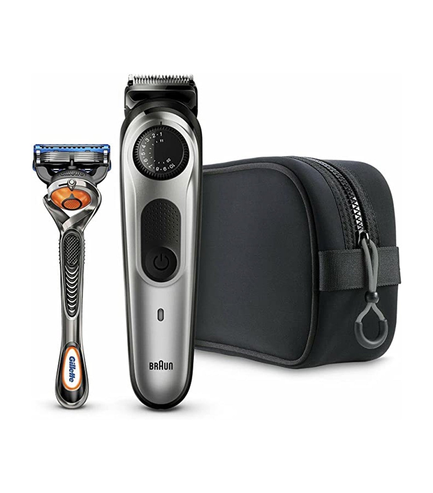 Beard Trimmer with Precision Dial, 3 Attachments and Gillette Fusion5 ProGlide Razor with Travel Pouch Silver