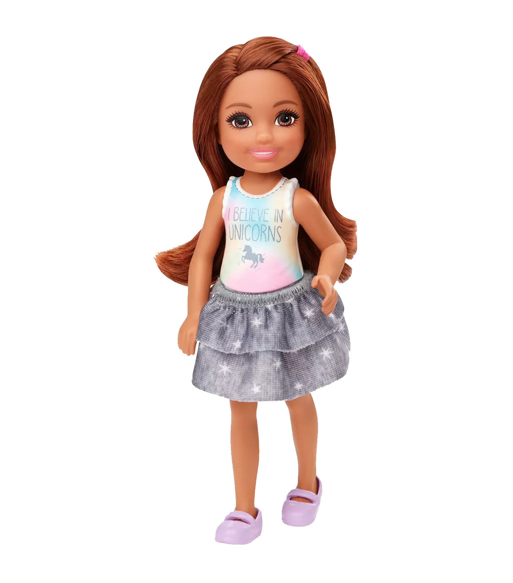 white christmas dresses Barbie® Club Chelsea™ Doll - Brunette with Unicorn Graphic and Star Skirt