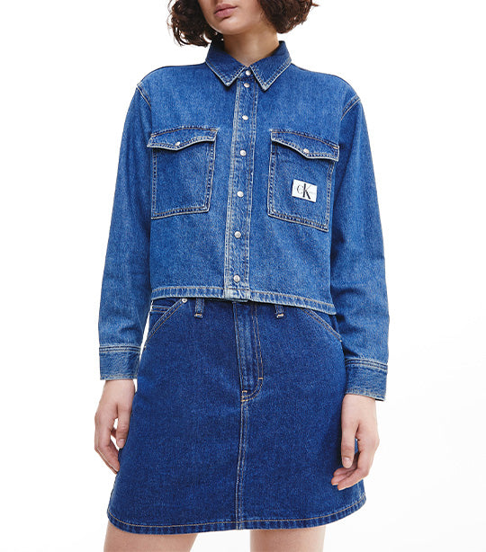 Denim Cropped Utility Shirt Blue