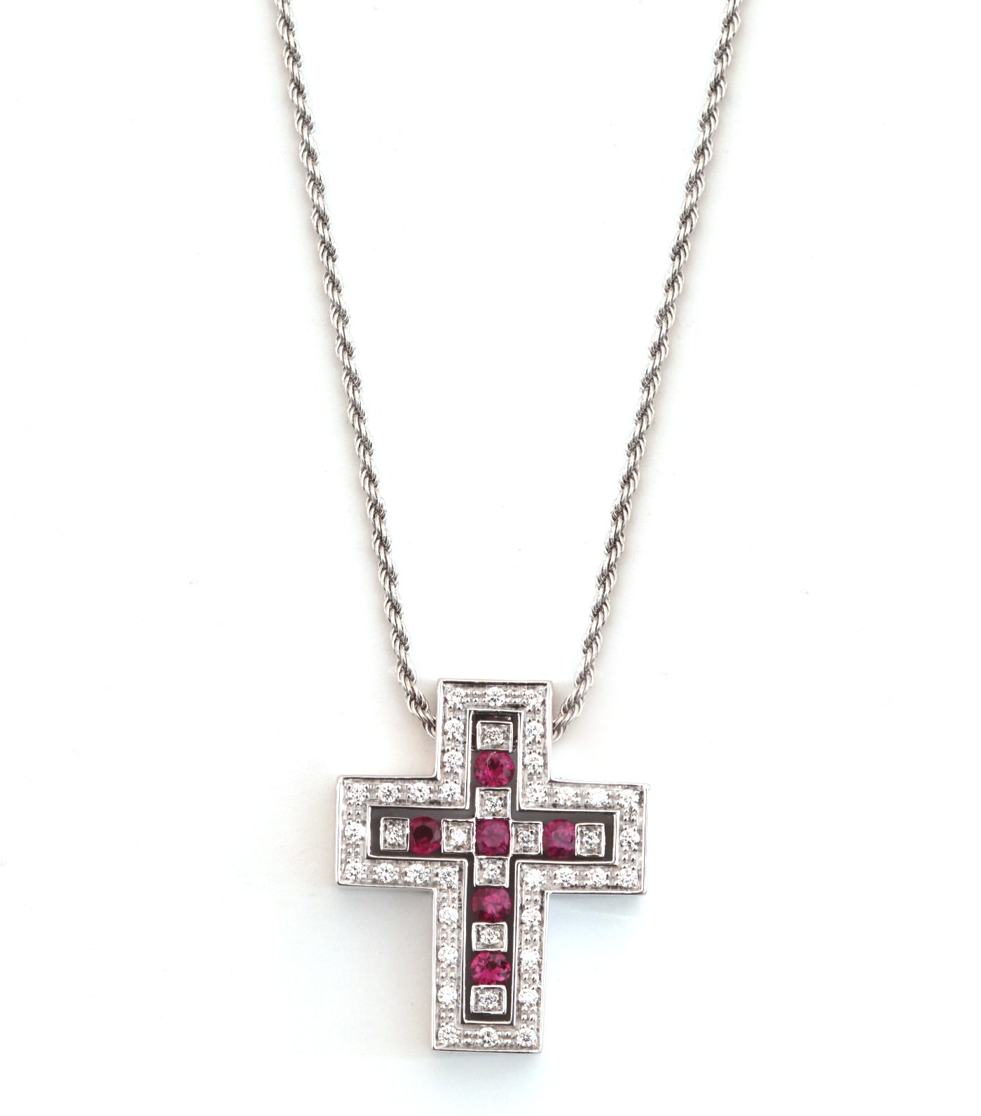 Belle Belle Epoque 18K White Gold, Diamonds, and Rubies Cross Necklace
