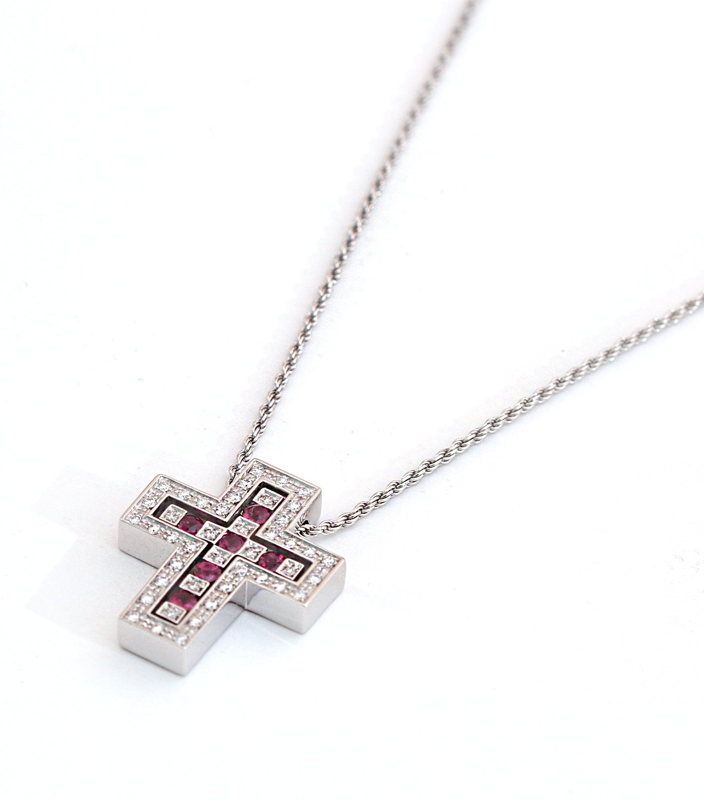 Belle Belle Epoque 18K White Gold, Diamonds, and Rubies Cross Necklace
