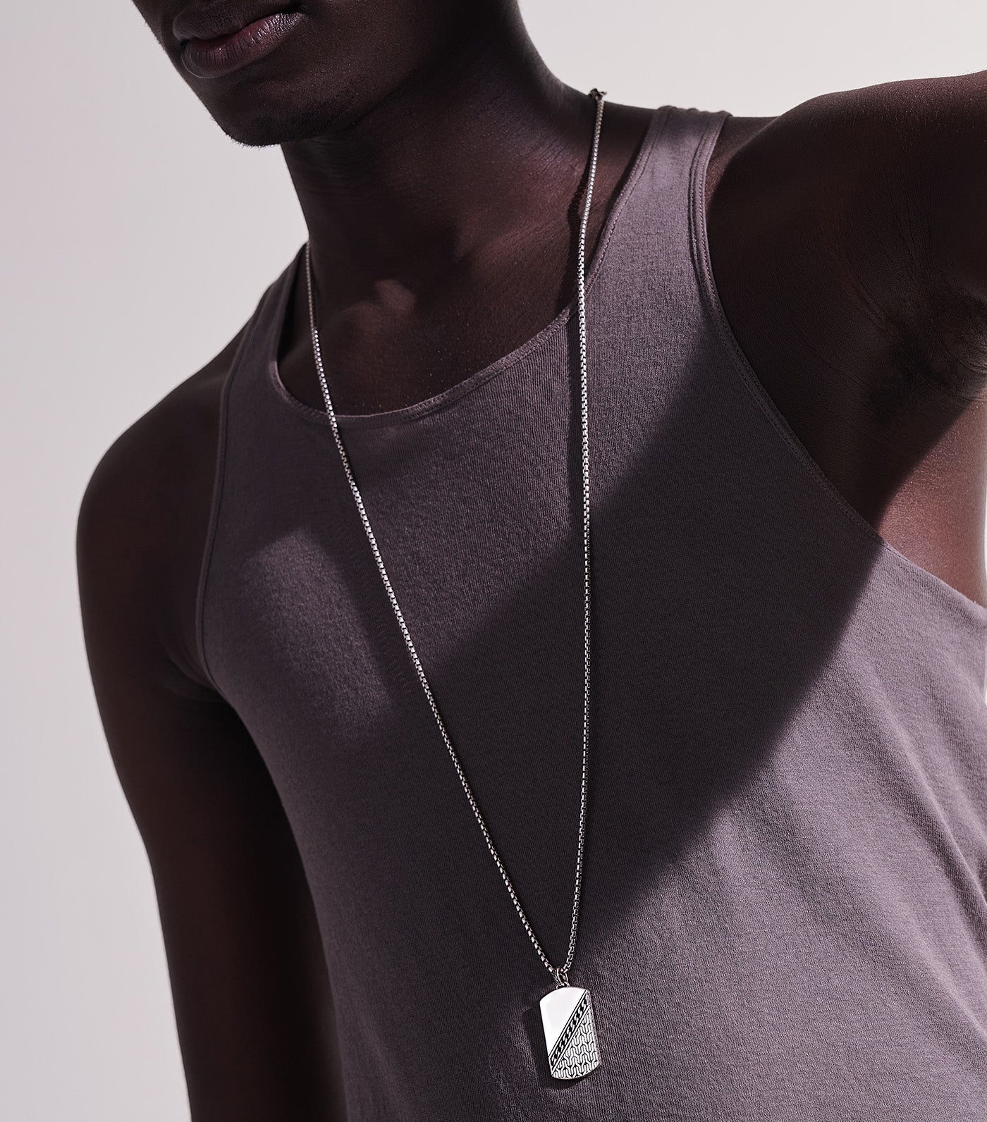 Carved Chain Dog Tag Pendant 2.7mm Box Chain Necklace Sterling Silver 24 Inches