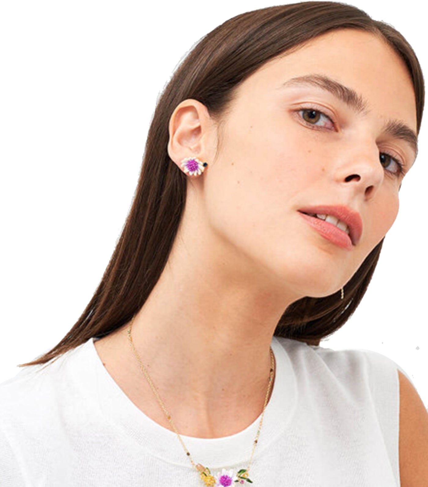 les néréides white flower with pink and blue pistil earrings