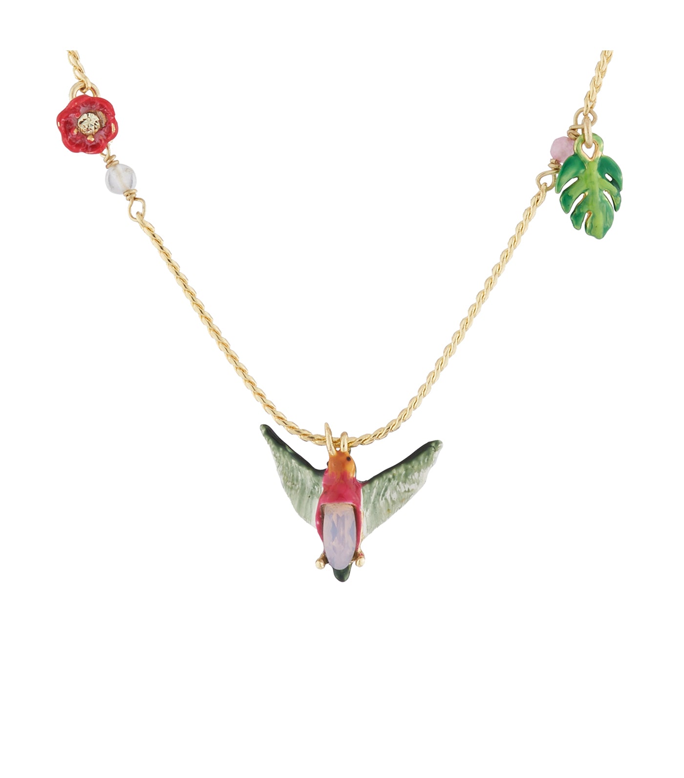 les néréides hummingbird with exotic flowers long necklace