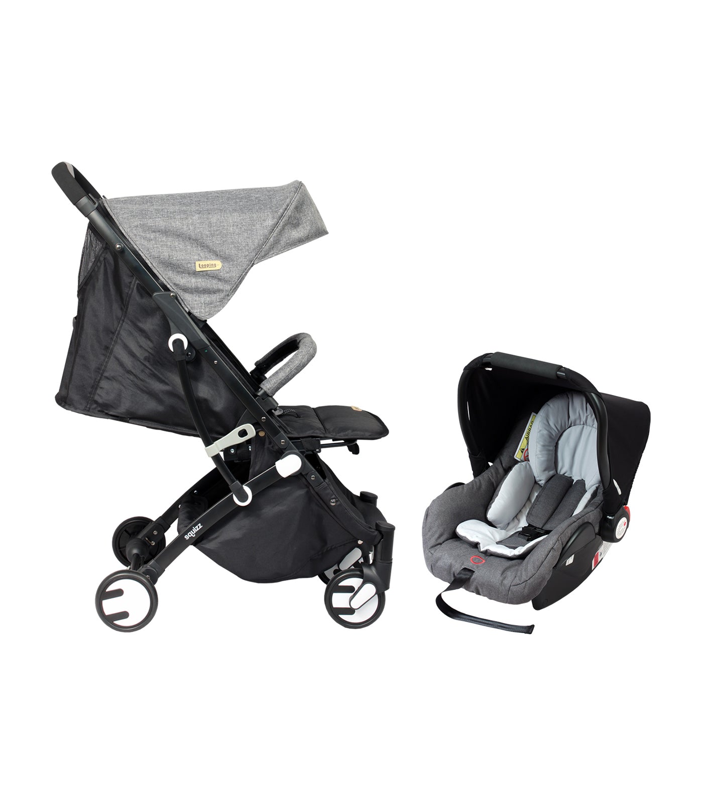 looping gray canopy-black frame squizz 3 stroller with car seat (travel system)