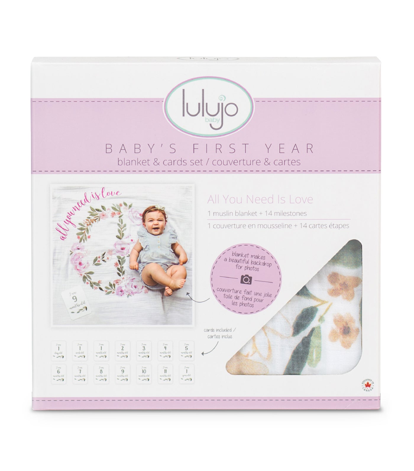 lulujo pink milestone blanket and card set - all you need is love