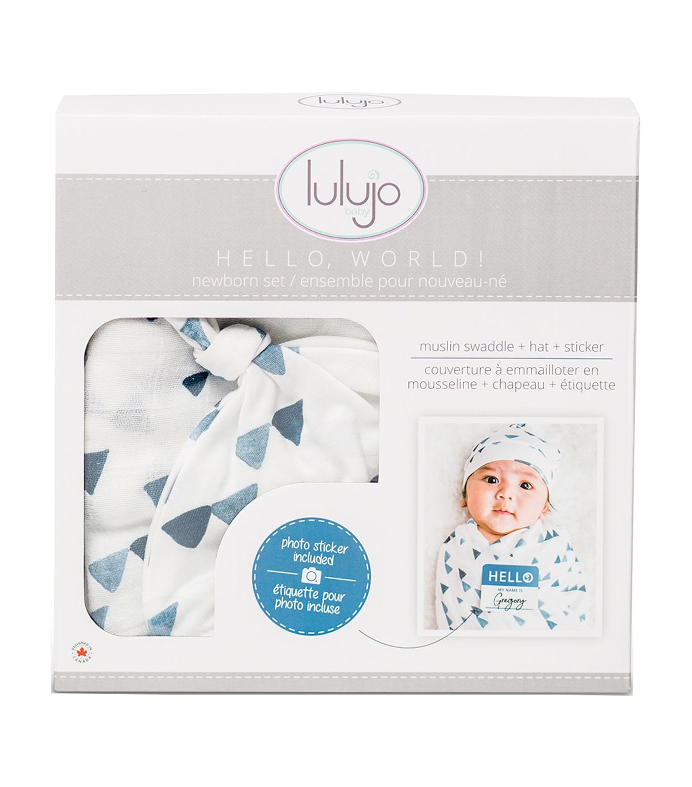 lulujo navy triangle bamboo swaddling blanket and matching bonnet