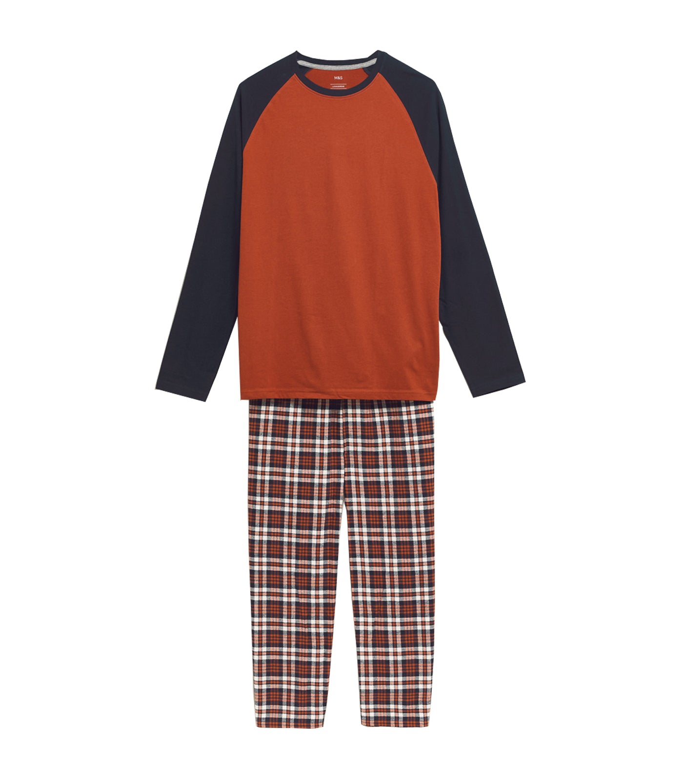 Brushed Cotton Check Raglan Pajama Set Burnt Orange