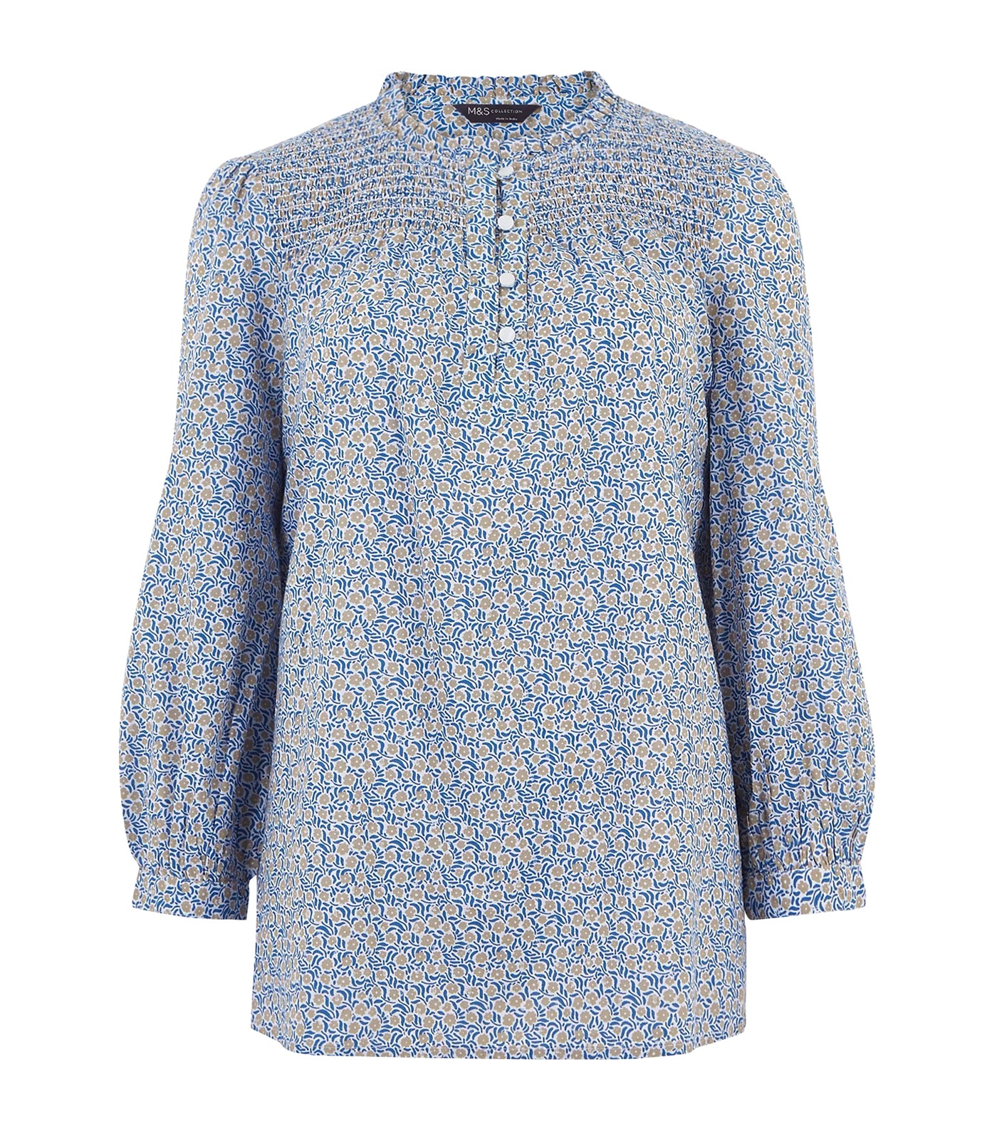 Cotton Printed Long Sleeve Blouse Blue