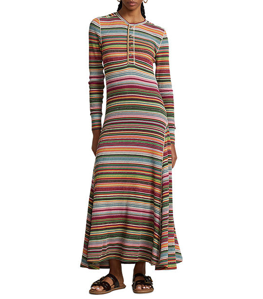Women’s Striped Waffle-Knit Henley Dress Multi Stripe