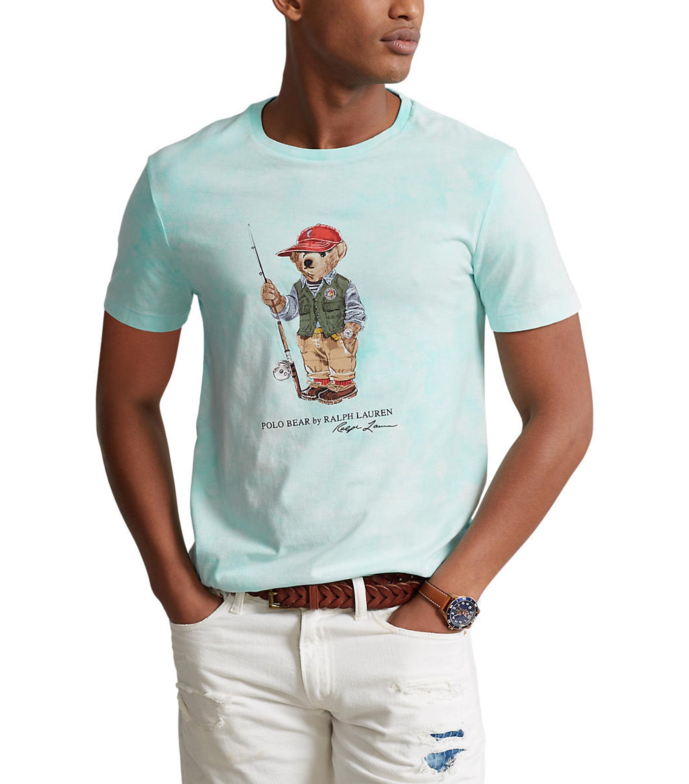 Men's Custom Slim Polo Bear Tie-Dye T-Shirt Aqua Wash