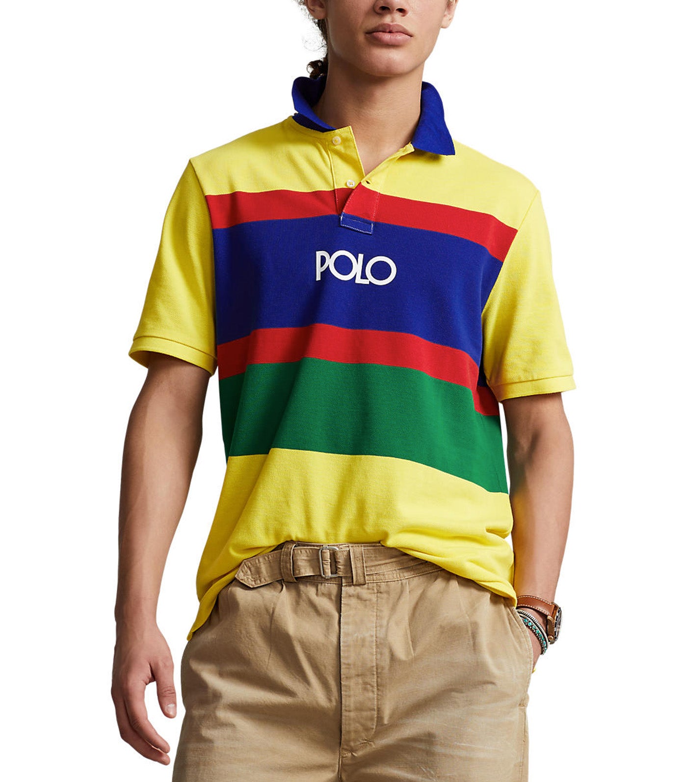 Men's Classic Fit Logo Striped Mesh Polo Shirt Lemon Crush Multi