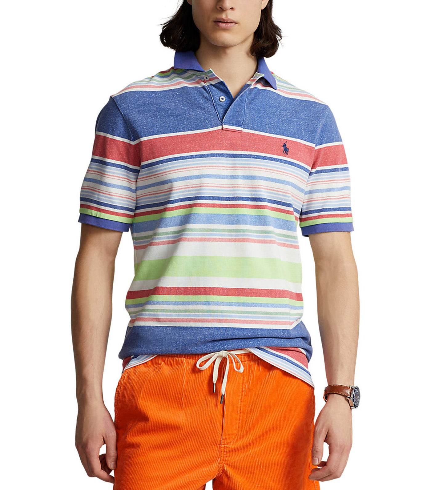 Men's Classic Fit Striped Mesh Polo Shirt Blue Multi