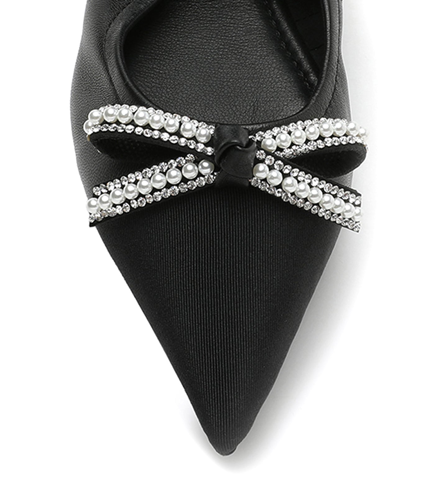 Crystal Bow Leather Pointy Foldable Flats Black