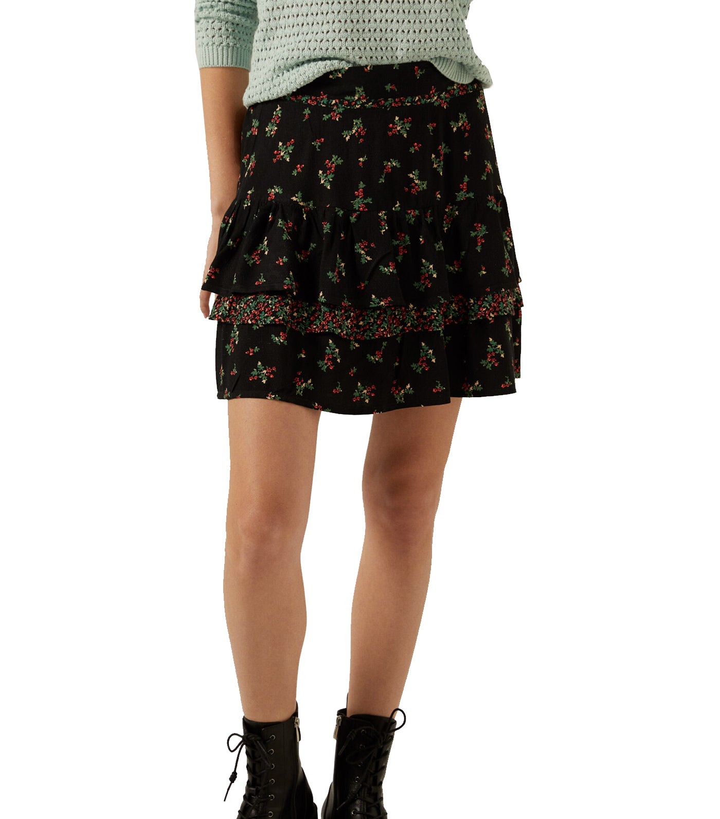 Printed Flounced Short Skirt Black