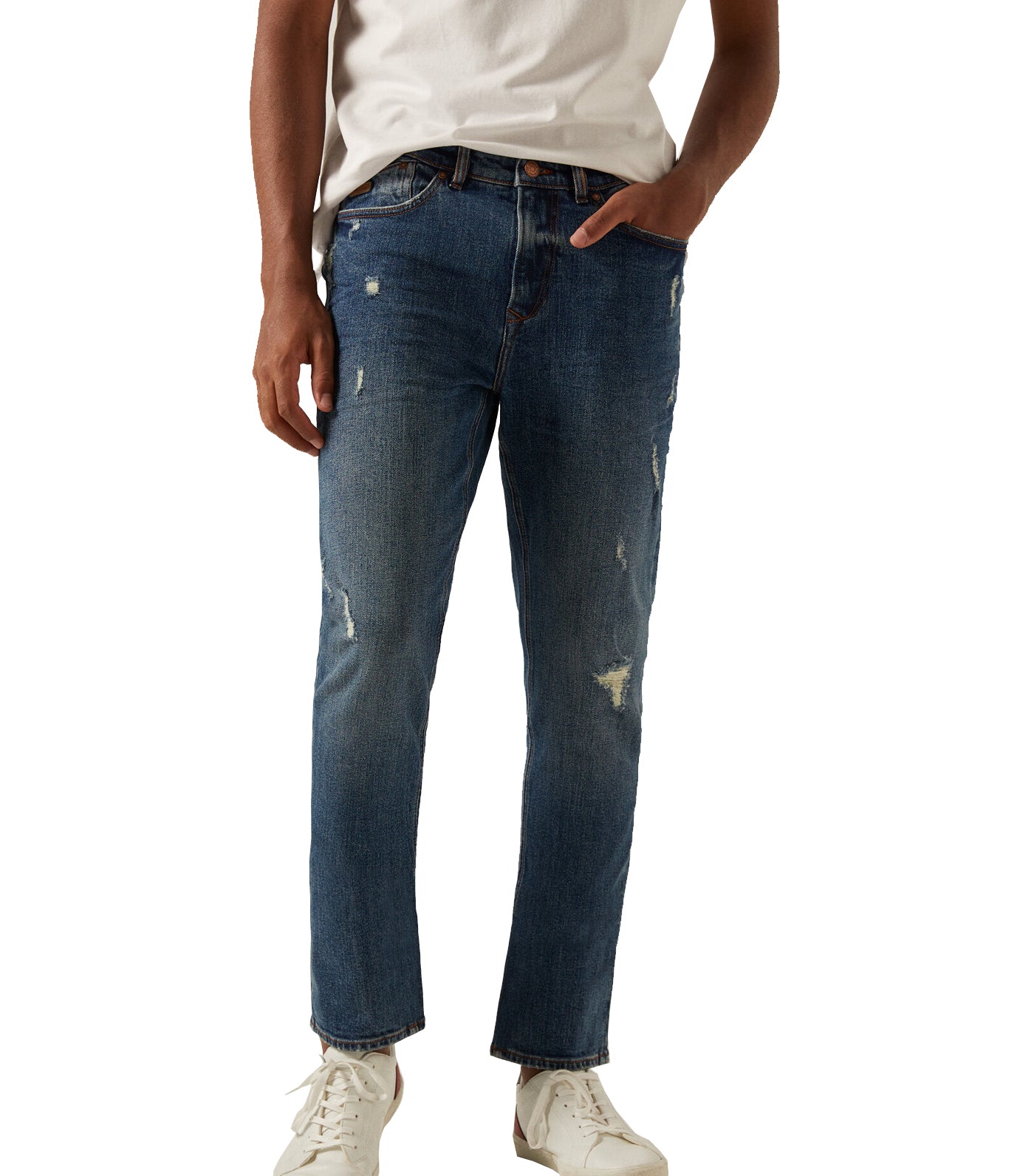 Medium Blue Washed Slim Fit Ripped Jeans