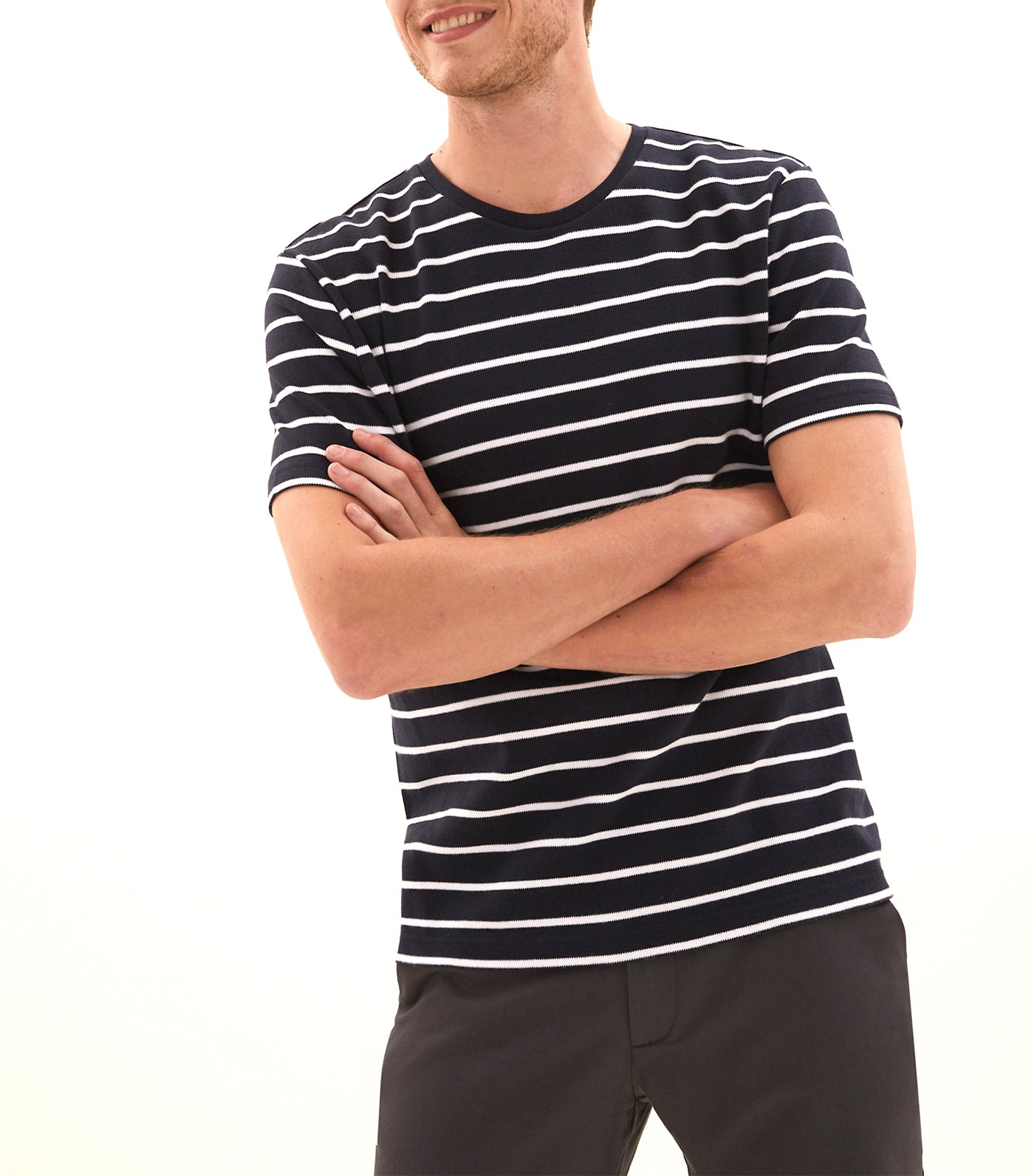 Pure Cotton Double Knit Striped T-Shirt Dark Navy