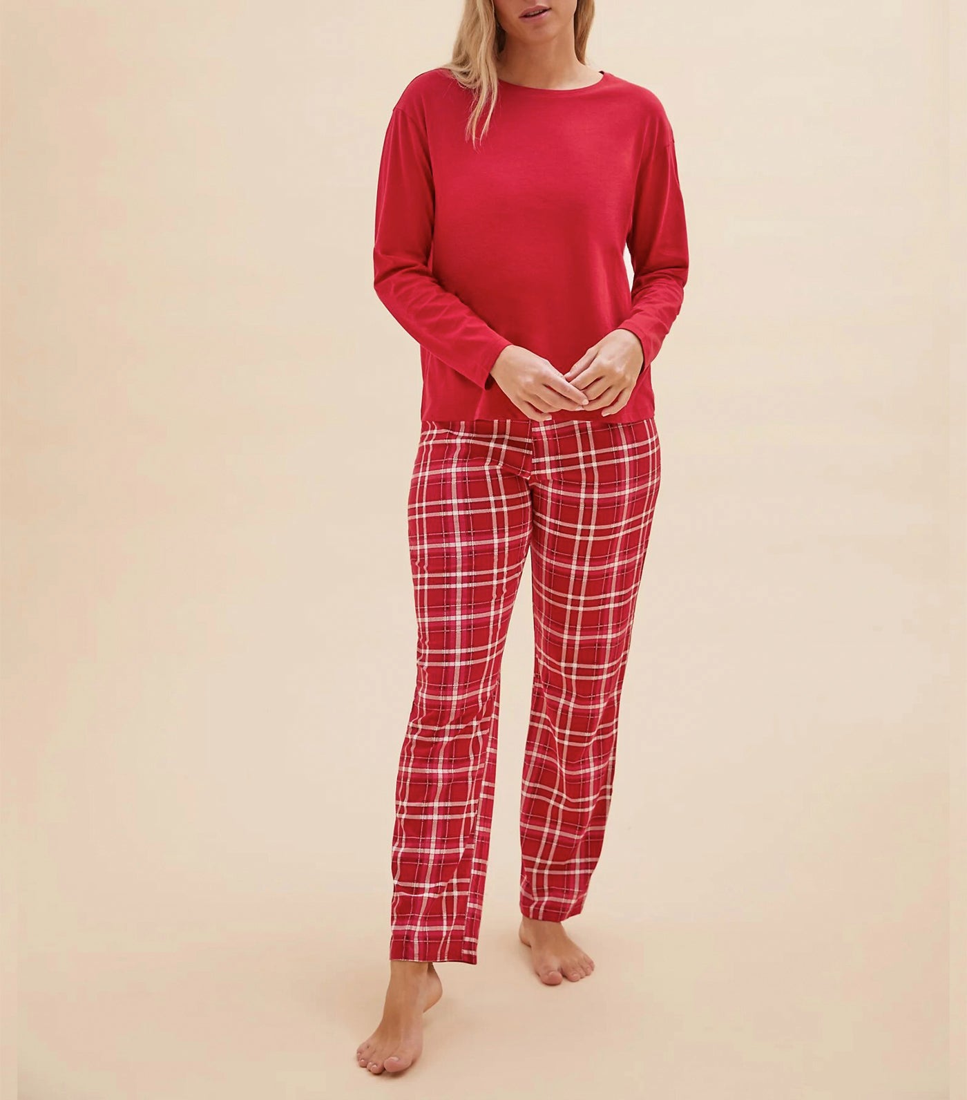 Pure Cotton Checked Print Pajama Set Red Mix