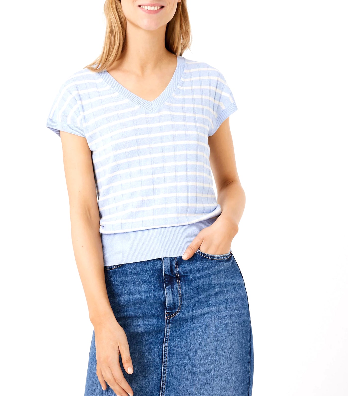 Linen Striped Ribbed V-Neck Knitted Top Chambray Mix