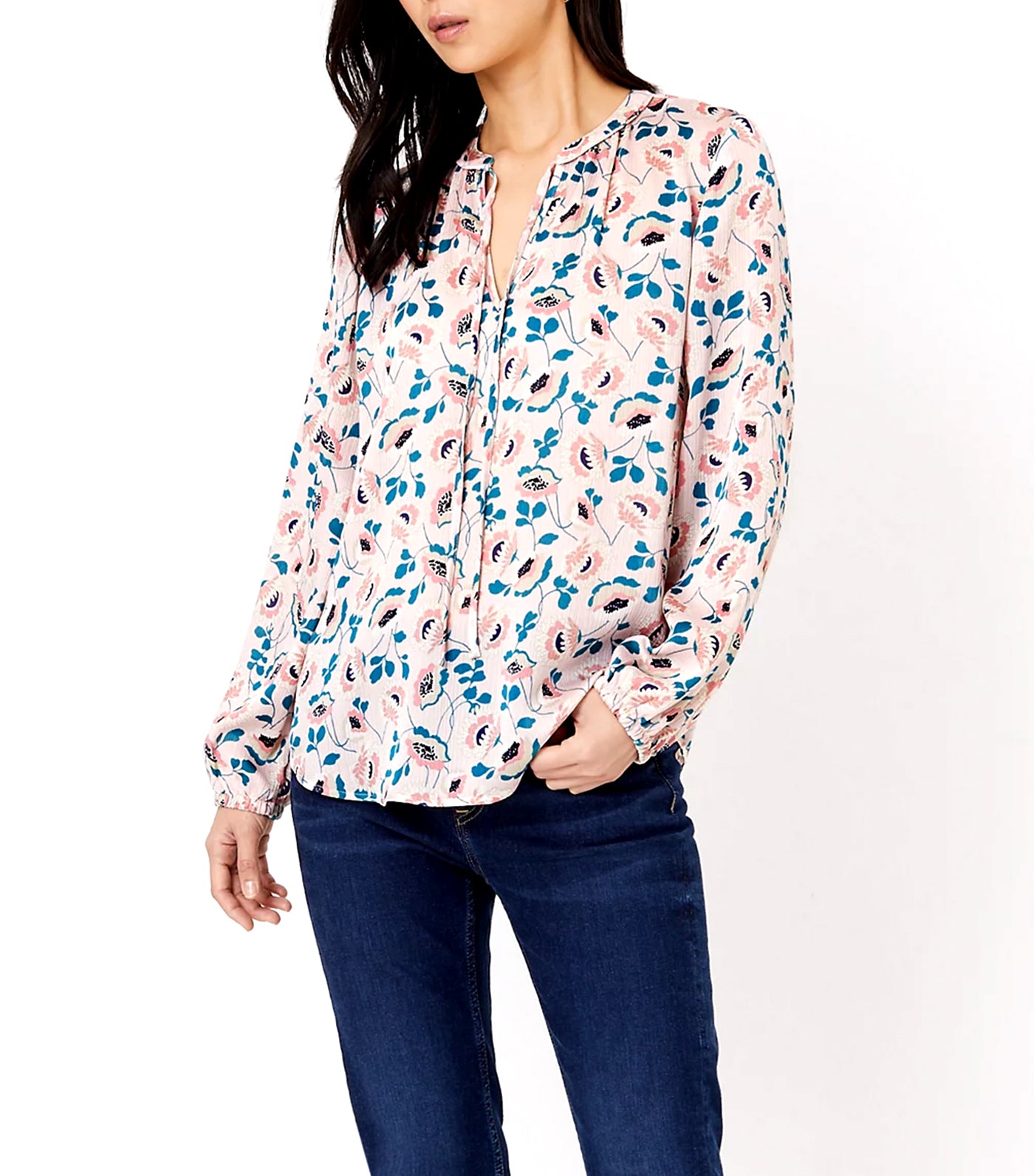 Floral Tie Neck Long Sleeve Blouse Pink Mix